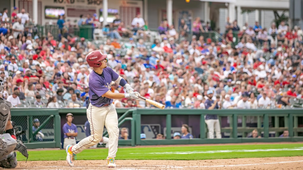 a man RoughRider swinging a baseball bat at a baseball game