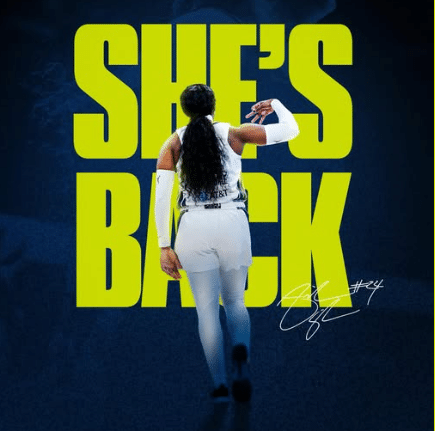 Arike Ogunbowale WNBA Athlete returning, bold text announcement