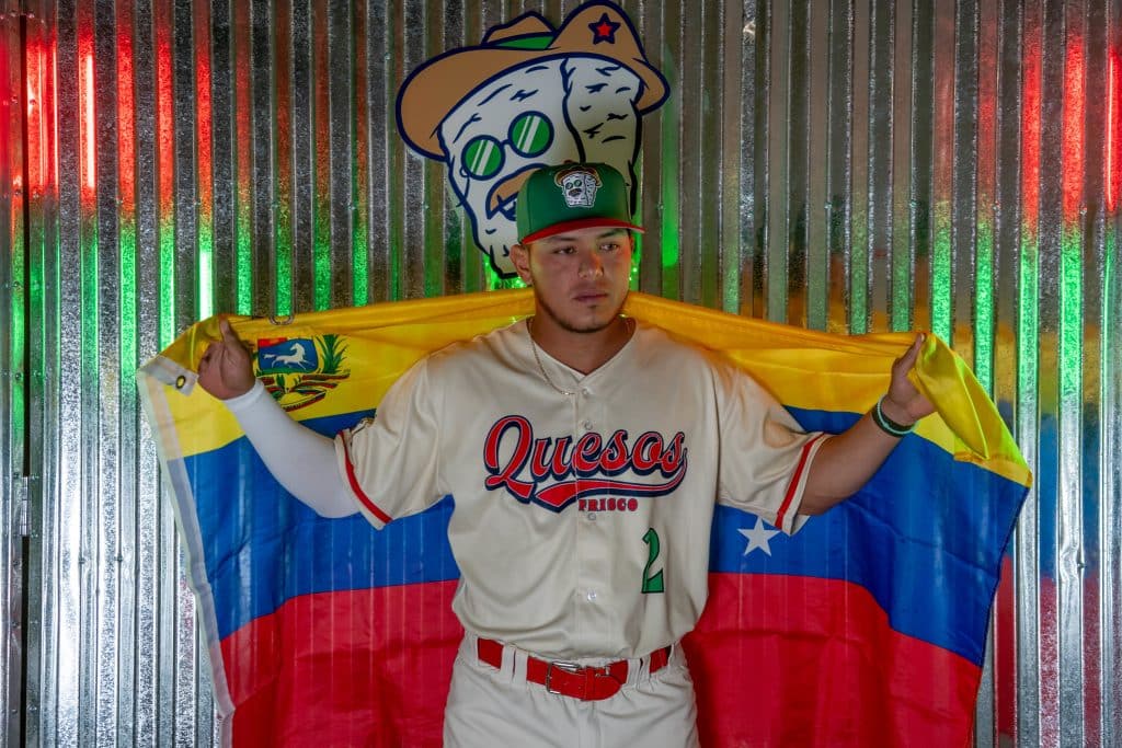 MiLB Frisco Riders Baseball player with Venezuelan flag