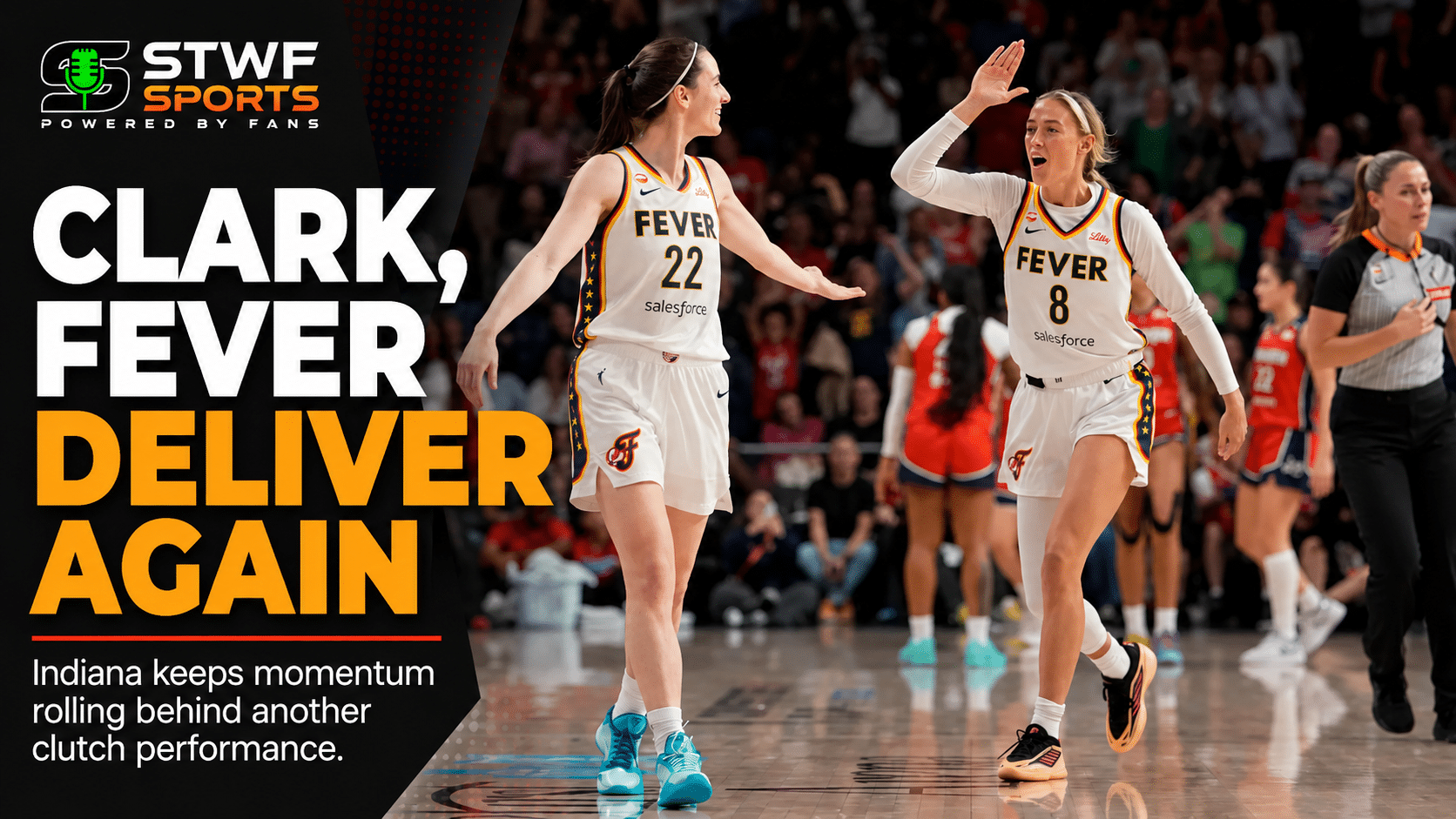 Caitlin Clark WNBA Basketball players celebrating a victory.